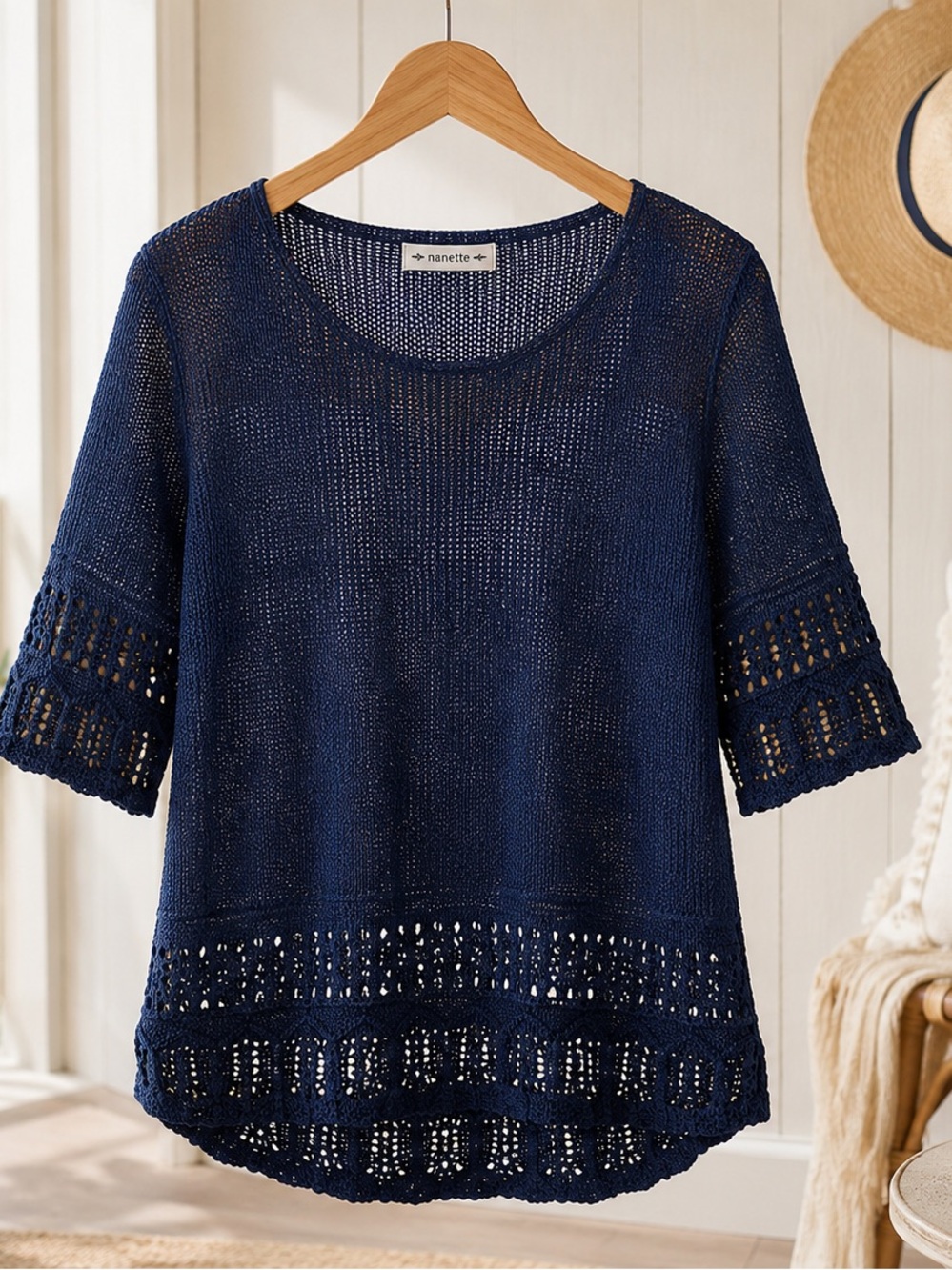 Madison + Hudson Open Knit Sweater – Women’s XL – Navy Blue Lightweight Crochet